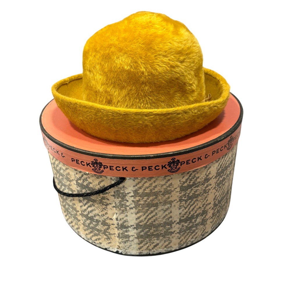 Vintage Peck & Peck Italy Mustard Brushed Fabric Hat w Box Boutique Artsy